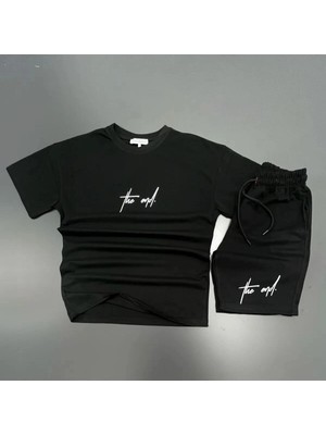 Adrift Modarich The End Beyaz T-Shirt Siyah Penye Şort - Şort Tişört Alt Üst Takım Baskılı Oversize