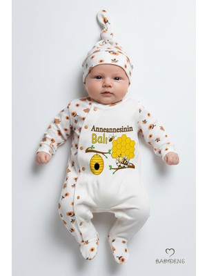 Babyden's Anneannesinin Balı Yazılı Yenidoğan Bebek Tulum Şapka Set Arı Desenli %100PAMUK Çıtçıtlı Bebek Tulum