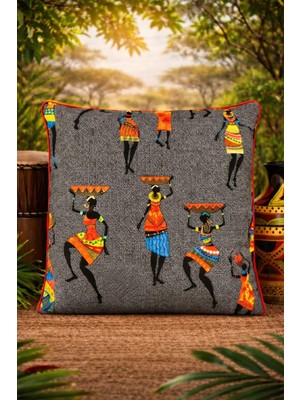 Buem Shop African Spirit Etnik Desenli Panama Keten Kırlent Kılıfı 50X50 Kırmızı Biyeli