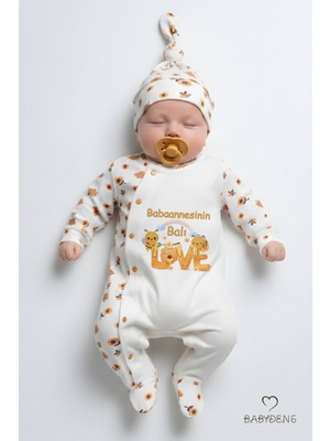 Babyden's Babaannesinin Balı Yazılı Yenidoğan Bebek Tulum Şapka Set Arı Desenli %100PAMUK Çıtçıtlı Bebek Tulum
