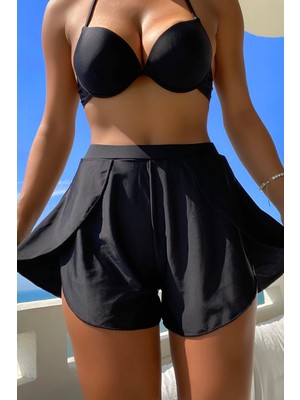 Intive Lingerie Kadın Siyah Yırtmaçlı Etek Görünümlü Şık Deniz Şortu