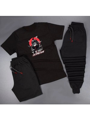 Adrift Anime Itachi Yazı Detaylı Baskılı Unisex Yazlık Şort - Normal Kalıp Tişört - Eşofman