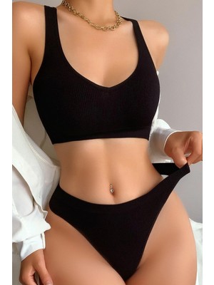 Intive Lingerie Kadın Siyah Desteksiz Seamless Tangalı Iç Çamaşır Takımı