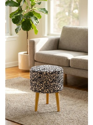 Mefaks Tekstil Yuvarlak Dijital Baskılı Ahşap Ayaklı Puf Tabure – Salon & Oturma Odası Dekoratif Puf