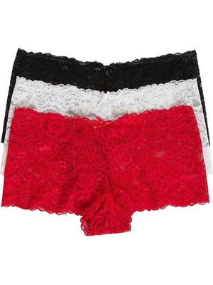 Intive Lingerie Kadın Siyah Beyaz Kırmızı 3'lü Paket Dantel Tanga Şort Külot