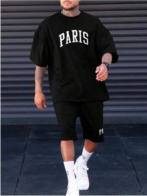 Adrift Erkek Siyah Paris Baskılı Oversize Şortlu Takım Ts-Parıstkm