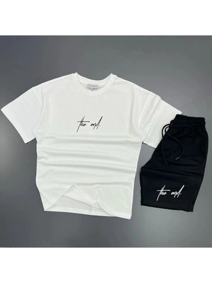 Adrift Modarich The End Beyaz T-Shirt Siyah Penye Şort - Şort Tişört Alt Üst Takım Baskılı Oversize