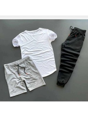 Adrift Unisex Siyah Beyaz Gri 3'lü Kombin Takım (Tişört-Şort-Eşofman Altı) Kombintakım