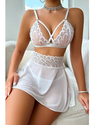 Intive Lingerie Kadın Beyaz Göğsü ve Beli Dantel Detaylı Etekli Takım
