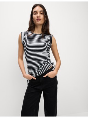 Marks & Spencer Saf Pamuk Çizgili Yanları Büzgülü Tişört