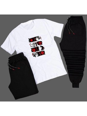 Adrift Anime Sharingan Baskılı Unisex Yazlık Şort - Normal Kalıp Tişört - Eşofman Altı Komb