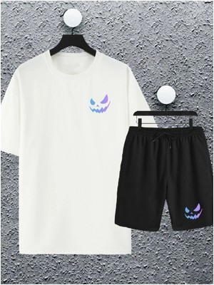 Adrift Unisex Kadın Erkek Renkli Gülen Yüz Baskılı Oversize Tshirt ve Şort Eşofman Takımı