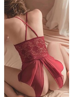 Intive Lingerie Kadın Bordo Özel Bölgesi Açık Dantelli Gecelik