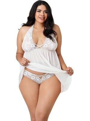 Intive Lingerie Dantelli Beyaz Büyük Beden Gecelik TM1273