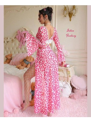 Intive Lingerie Intive Fantasu Yanları Derin Yırtmaçlı Göğsü Dekolteli Pembe Leopar Desen Uzun Gecelik-Limited