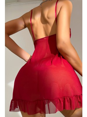 Intive Lingerie Kadın Bordo Dantelli, Fırfırlı Tül ve Fiyonk Detaylı Tangalı Gecelik Takımı