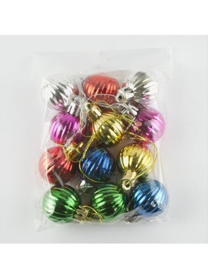 Linarx 12'li Çizgili Küçük Boy Cici Top Yılbaşı Ağaç Süsü