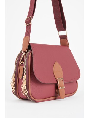 Vivaq Kadın Yonca Bordo Taba 4 Cepli Kapaklı Fermuar ve Çıt Çıt Kapama Kol ve Omuz Çantası