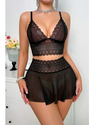 Intive Lingerie Kadın Siyah Dantel ve Tül Detaylı Etekli Şık Gecelik Takımı