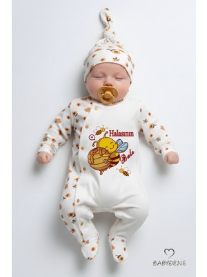 Babyden's Halasının Balı Yazılı Yenidoğan Bebek Tulumu Şapka Seti Arı Desenli %100 Pamuk Çıtçıtlı Bebek Tulum
