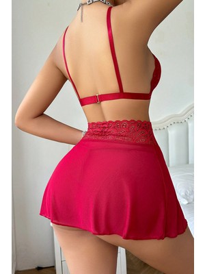 Intive Lingerie Kadın Kırmızı Göğsü ve Beli Dantel Detaylı Etekli Takım