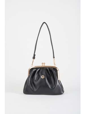 Vivaq Kadın Siyah Papatya Orta Boy Çift Askılı Astarlı Burs Kapama El Kol ve Omuz Çantası