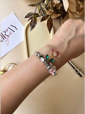 Intive Lingerie Pembe Kirazlı Gümüş Renk Çelik Charm Bileklik