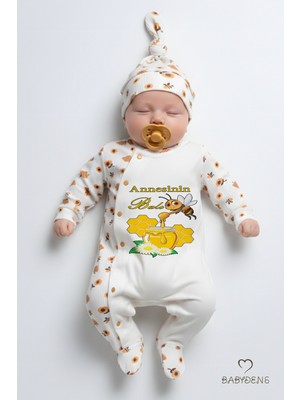 Babyden's Annesinin Balı Yazılı Yenidoğan Bebek Tulumu Şapka Seti Arı Desenli %100 Pamuk Çıtçıtlı Bebek Tulum