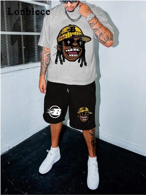 Lonblece 2'li Erkek Karikatür Baskılı Kısa Kollu Tişört Şort Takımı