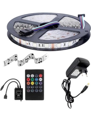 Powerr Led Aydınlatma 5 Metre 24V 60 Ledli Rgb Dış Mekan Silikonlu Şerit LED 2A Plastik Adaptör Sese ve Müziğe Duyarlı LED Kontrol Üniteli Set