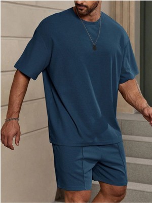 Manfinity Homme Loose Fit Erkek Düz Renk Düşük Omuz Tişört ve Şort Takımı