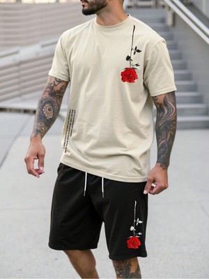 Manfinity Homme 2 Adet/takım Erkek Çiçek Desenli Tişört ve Şort Takımı