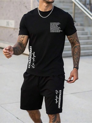 Manfinity Homme 2'li Erkek Günlük Basit Kısa Kollu Tişört ve Şort Takımı