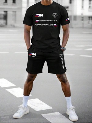 Manfinity Homme Erkek Slogan Baskılı Tişört ve Şort Takımı