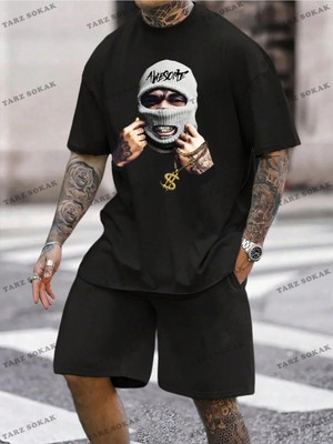 Emrg Siyah Örgü Erkek Karakter Baskılı Kısa Kollu Grafik Erkek T Gömlek ve Şort Tak