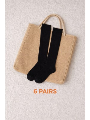 Esesto Sock 6'lı Japon Tarzı Pamuklu Uzun Siyah Mevsimlik Esnek Diz Altı Kadın Çorabı