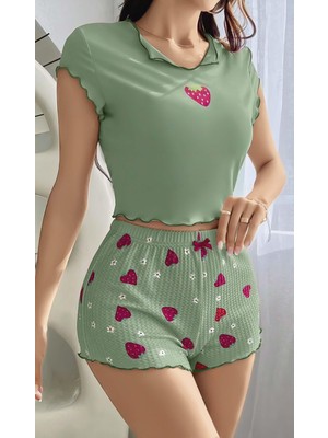 Intive Lingerie Kadın Yeşil Çilek Desenli Askılı Şortlu Pijama Takım 5004