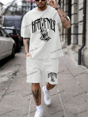 Emrg Erkek Örgü Kısa Kollu Grafik Tişört ve Şort Ikili Takım, Yazlık