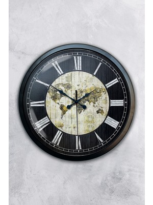 Kasva Concept 40 cm Siyah Metal World Maps Duvar Saati