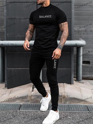 Homme 2 Adet/takım Erkek Düz Renk Kısa Kollu Yuvarlak Boyun Tişört ve Eşofman Altı