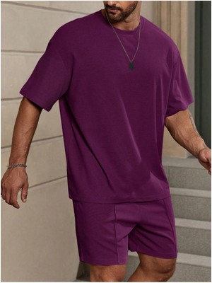 Manfinity Homme 2 Adet/takım Erkek Düz Renk Mor Yuvarlak T ve Şort