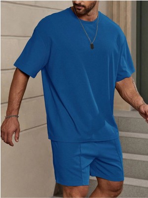 Manfinity Relaxmax Bol Kesim Erkek Düz Renk Düşük Omuz Tişört ve Şort Takımı