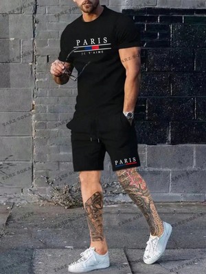 Homme Erkek Mektup Grafikli Tişört ve Ipli Bel Şort Takım