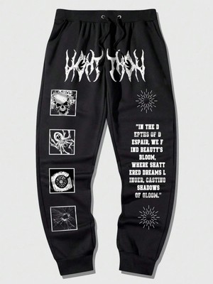 Adrift Goth Guys Slogan & Skull & Spider Graphic Drawstring Waist Eşofman Altı