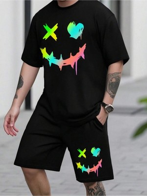 Manfinity Homme 2'li Erkek Günlük Basit Kısa Kollu Tişört ve Şort Takımı