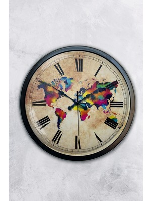 Kasva Concept 40 cm Siyah Metal Renkli Dünya Duvar Saati