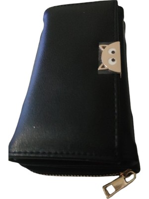 İpek Kedicik Figürlü Büyük Boy Kadın Cüzdan Siyah Renk