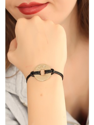 Asel Aksesuarcı Love (Aşık) Siyah Deri Ipli Unisex Mood Bileklik