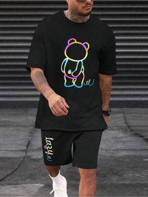 Manfinity Homme 2'li Erkek Günlük Basit Kısa Kollu Tişört ve Şort Takımı