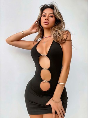 Intive Lingerie Kadın Siyah Halter Yaka  Akseusar Detaylı Boyundan Bağlamalı Fantezi Elbise 5138